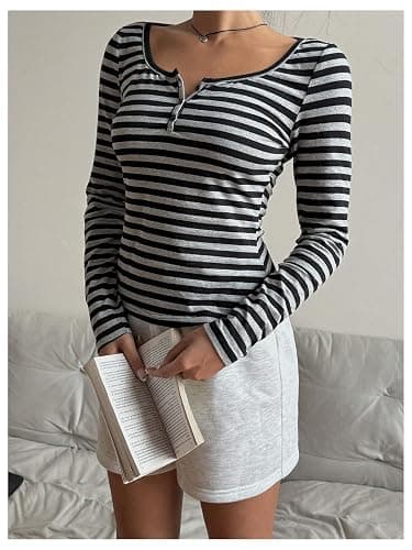 GORGLITTER Women's Striped Henley Shirts Scoop Neck Button Front Long Sleeve Tee Fitted Tops thumbnail 3