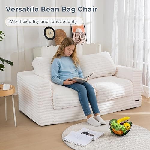 MAXYOYO Bean Bag Chair for Adults, Upholstered Loveseat Floor Sofa with Pillows and Armrests, Large Bean Bag Sofa Plush Couch for Bedroom Living Room, White thumbnail 3