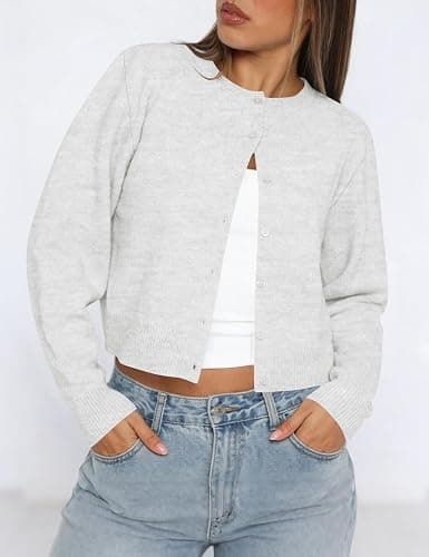 Kistore Cropped Cardigan Sweaters for Women Lightweight Knit Clothes 2026 | Fashion Clothing,Button Up Cardigan,Short Cardigans for Women,Long Sleeve Cardigan,Y2k Outfits for Women,Crew Neck Cardigan thumbnail 2