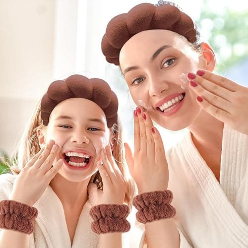 Zkptops Spa Headband for Washing Face Wristband Set Sponge Makeup Skincare Terry Cloth Bubble Soft Get Ready Hairband for Women Girl Puffy Padded Headwear Non Slip Thick Hair Accessory(Dark Brown) thumbnail 7
