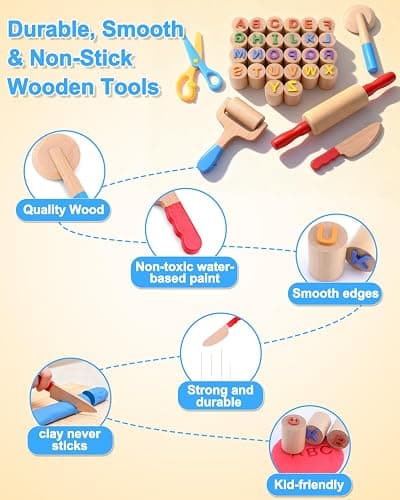 Wooden Dough Tools Kit for Kids, Dough Accessories with Rolling Pins, Pizza Cutter, Safety Scissors & 26 Letter Stamps, Educational Alphabet Learning Toys Gift for Toddlers Ages 3–6 thumbnail 4