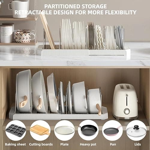Silanit Expandable Pot and Pan Organizer Rack for Kitchen Cabinet or Under Sink, Adjustable Lid Holder with 7 Dividers, Space-Saving Storage for Renters, Small Homes, and Busy Cooks, White thumbnail 3
