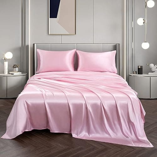 Vonty Satin Sheets Queen Size Silky Soft Satin Bed Sheets Pink Sheet Set, 1 Deep Pocket Fitted Sheet + 1 Flat Sheet + 2 Pillowcases | Silky Satin Protects Hair, Reduces Facial Wrinkles, Deep Pocket Up To 15 Inch, Machine Washable, Year-Round Comfort thumbnail 4