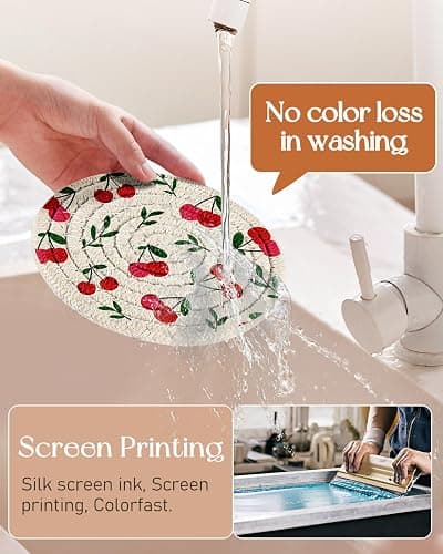 Kokaaee Cup Coasters for Drinks Absorbent - for Coffee Wooden Table Office Cute Farmhouse Outdoor Rustic Desk Kawaii Woven Women Kid Soft Cloth Braided Fabric Girly Cherry Coaster Set of 6 with Holder thumbnail 4