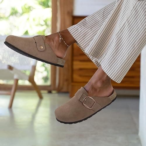 KIDMI Genuine Suede Clogs for Women Memory Foam Cork Footbed Potato Shoes Slip On Leather Mules with Big Buckle thumbnail 2