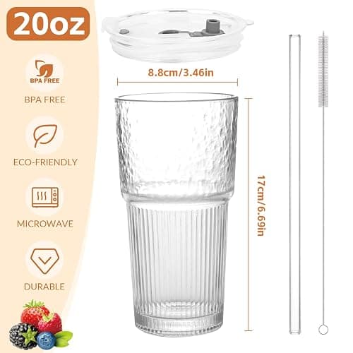 AUFXKOO 20oz Glass Tumblers with Lids and Straws,2PCS Glass Cups with Lids and Straws,Iced Coffee Cups with Lid,Drinking Glasses for Juice, Smoothies thumbnail 3
