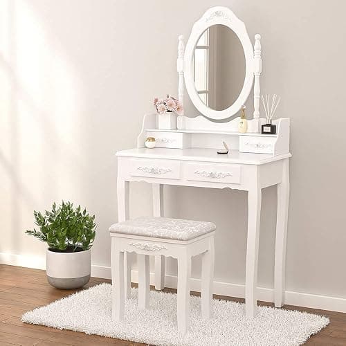 Alohappy Makeup Vanity Set with Mirror & Stool for Girls, Vanity Table and Cushioned Stool Set with 4 Drawers, Wood Dressing Table for Bedroom thumbnail 2