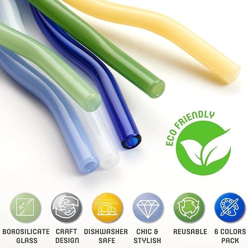 GET FRESH Reusable Wavy Glass Drinking Straws Set - 6pcs Colored Straws from Borosilicate Shatter Resistant Glass - Coloured Dishwasher Safe Wavy Cocktail Straws thumbnail 4