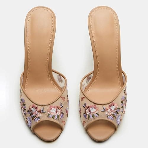 Yishaweiqi Women's Mesh Heeled Sandals Peep Toe Mules Slip on Stiletto High Heels Dress Sexy Slide Sandals thumbnail 5