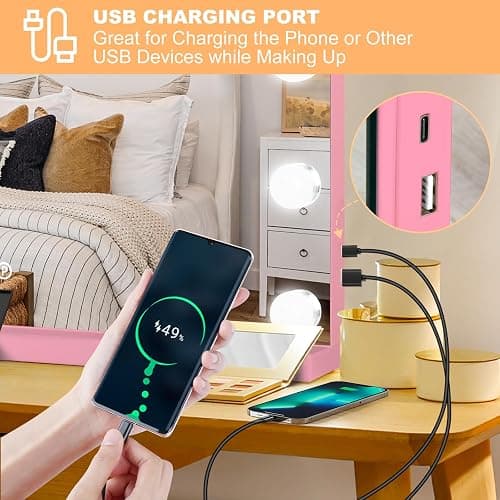 Moonee Vanity Mirror with Lights, Pink Hollywood Lighted Makeup Mirror with 15 Dimmable Bulbs and 10X Magnification, 3 Colors Modes, Aluminum Metal Frame, Light Up Mirror for Tabletop/Wall（23" x 18"） thumbnail 6