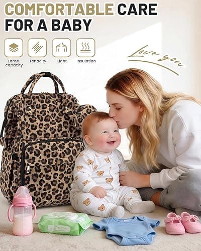 fufazfo Corduroy Diaper Bag Backpack, Large Capacity Multifunction Baby Diaper Bags for Women, Insulated Bottle Pockets & Pacifier Case, Stylish Travel Nappy Changing Bags for Mom Dad (Leopard Brown) thumbnail 2