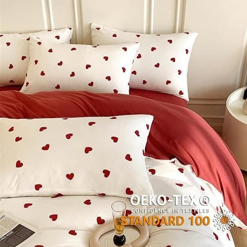 Freyamy Housse de Couette 220x240cm+2 Taie d'oreiller 65x65cm Coeur Imprimé Rouge Blanc Parure de lit 2 Personnes Adulte Motif du Cœur Sets de Housse Couette en Microfibre avec Fermeture Éclair thumbnail 4