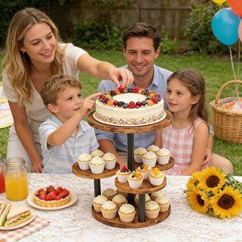 Cupcake Stand, Rotatable Cupcake Stand, Rustic Industrial Wood Cake Stand Cupcake Tower, Dessert Table Display Set Tiered Tray Stand, Round Serving Tray Cake Stands for Party Wedding Birthday thumbnail 2