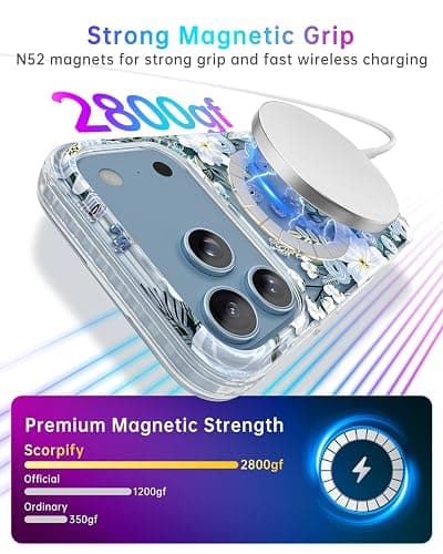 SCORPIFY for iPhone 17 Pro Case [Compatible with MagSafe] with Blue Nemophila Floral Design, Cute Clear Flower Magnetic Phone Cover for Women Girls,[Non Yellowing] Slim Bumper with Gold Accents thumbnail 4