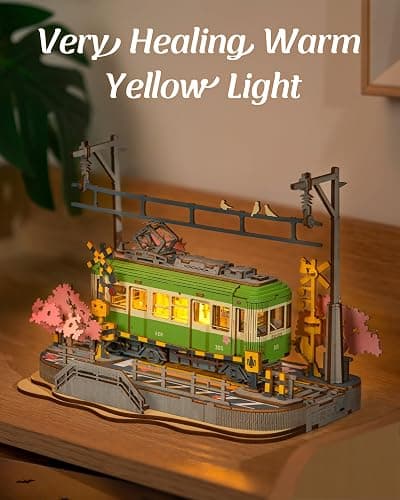 Rolife 3D Wooden Puzzle for Adults, Sakura Journey Tram DIY Model Building Kits with LED Lights, Creative Kids Craft Hobby Gift and Brain Teaser Home Decor Assembly Toy thumbnail 4