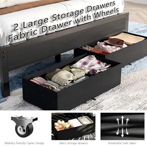 Furnulem Queen Bed Frame with Charging Station and LED Lights, Grey Upholstered Headboard with Shelves, Metal Platform Bed with 2 Under-Bed Storage (Fabric Drawer on Wheels), No Box Spring Needed thumbnail 7