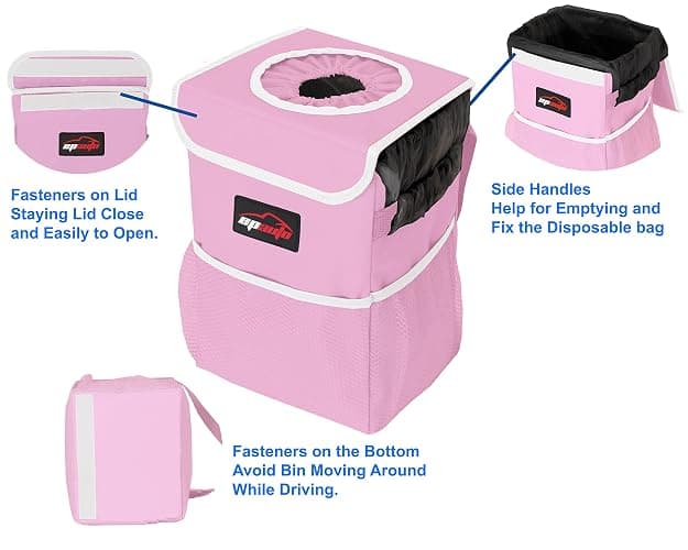 EPAuto Waterproof Car Trash Can with Lid and Storage Pockets, 2.5 Gallon Leakproof, Pink thumbnail 4