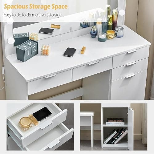 TUKAILAi White Large Dressing Table Set with Hollywood 12 LED Lights Mirror and Cushioned Stool, Vanity Desk Set Makeup Table with 4 Drawers and Storage Unit Dresser for Bedroom Girls Women thumbnail 6