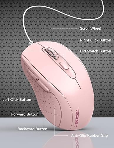TECKNET Wired Optical USB Mouse - 3600 DPI Tracking, Gaming Grade Sensor, 6 Buttons, Business & Office PC/Laptop Mouse, Great for Graphic Design (Pink, Medium) thumbnail 2
