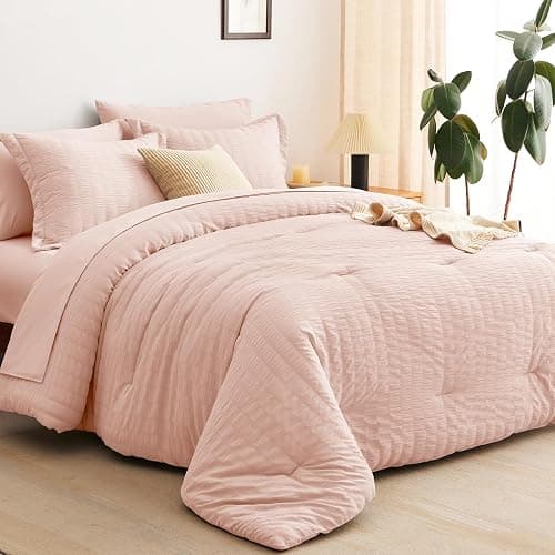 CozyLux King Size Comforter Set Blush Pink Seersucker 7 Pieces Bed in a Bag King Comforter Set with Sheets, Luxury Bedding Set with Down Alternative Comforter, Sheets, Pillowcases & Shams All Seasons thumbnail 9
