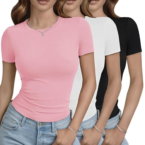 GAYHAY 3 Pack Basic Tees for Women - Crew Neck Slim Fit Tight T Shirts Cute Y2K Trendy Crop Tops Clothes for Casual Summer - Image 1