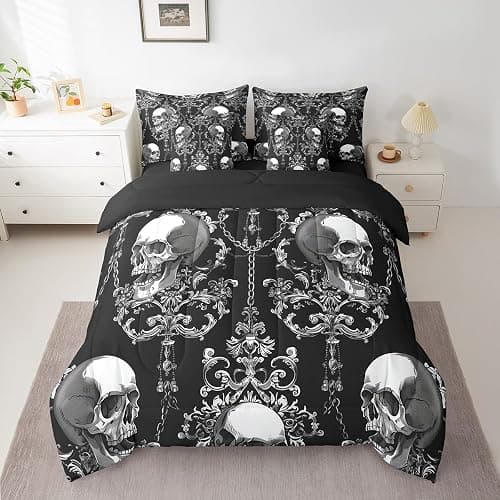 Erosebridal Damask Sugar Skull King Bed in A Bag 7 Piece Gothic Skull Pattern Comforter Set with Sheets Halloween Goth Skeleton Bedding Sets for Kids Adults,Bohemian Style Bed Set thumbnail 2