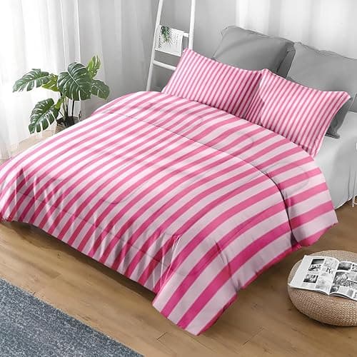 Pamnest Comforter Set Queen Size, Stripe Pink Retro 3 Pcs Soft Bedding for Kids and Adults, Geometric Striped Black Comforter Set with Pillowcase, for Bedroom Bed Decor thumbnail 2