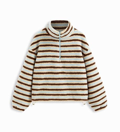 MYBFYABO Womens Half Zip Sherpa Fleece Striped Jacket Oversized Stand-up Collar Sweatshirt Warm Fuzzy Outerwear thumbnail 3