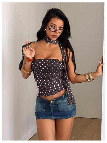 Milumia Women's Polka Dots Mesh Tube Tops Y2k Strapless Scarf Halter Top Going Out Clubbing Outfits thumbnail 4