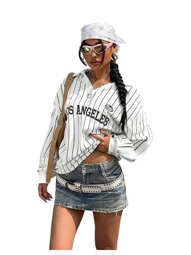 SOLY HUX Women's Oversized Tees Striped Letter Print Y2k Jersey T Shirt Collar V Neck Long Sleeve Loose Tops - Image 1