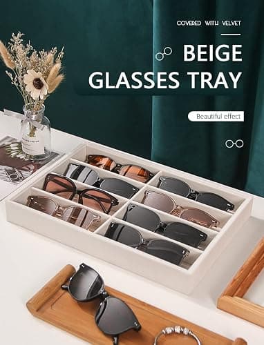 Coward Sunglass Organizer, Beige Velvet Glasses Trays - Eyeglasses Watches Jewelry Display - Men Women (8 Grids) thumbnail 5