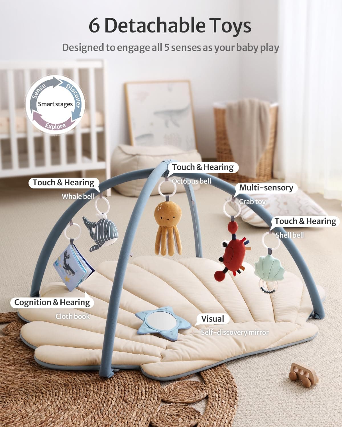 Blissful Diary Shell Baby Play Gym Mat, Softer & Enlarged Tummy Time Mat w 6 Detachable Toys for Sensory & Motor Skill Development, Activity Mat for Newborn Essentials Shower Gift, Boho Ocean Theme thumbnail 3
