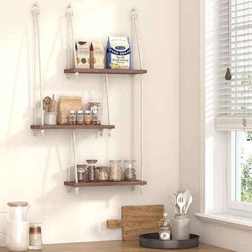 REFGY Hanging Shelves for Wall with Vine Lights, 3 Tier Rope Wall Hanging Plant Shelf, Boho Wall Decor Aesthetic for Succulents, Bedroom, Living Room, Bathroom (Rustic Brown) thumbnail 7