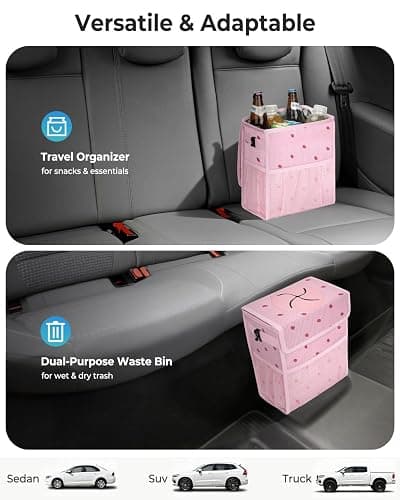 HORJONES Corduroy Car Trash Can with Lid and Mesh Pockets - Leakproof Organizer,Multipurpose Waterproof Garbage Can/Trash Bin for Car(Pink Base with Red Strawberry Print -2 Gallons) thumbnail 5