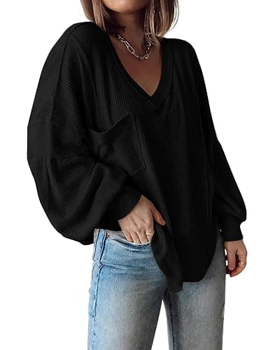 BTFBM Womens Fall Fashion 2025 Long Sleeve Shirts Casual V Neck Ribbed Knit Blouses Pullover Trendy Loose Fit Tunic Tops - Image 1
