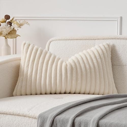 UGASA Lumbar Throw Pillow Cover 12x20 Inch Set of 1 Super Soft Faux Fur Decorative Pillow Case Plush Flannel Texture Accent Rectangle Pillowcase for Sofa Couch Living Room Chair, Cream White - Image 1