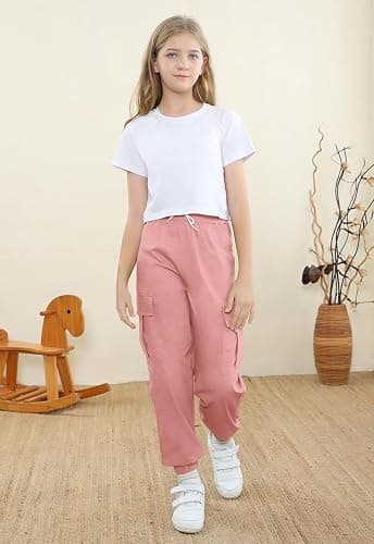 SANGTREE Girls' 2 Piece Outfits T-Shirt and Drawstring Cargo Jogger Pants Clothing Set, 4-14 Years - Small - White + Pink thumbnail 2