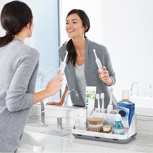 GFWARE Marble Bathroom Countertop Organizer - Detachable 7 Slots Kids Electric Toothbrush and Toothpaste Holde Drainage for Bathroom Accessories Organization Counter Vanity Storage, Grey thumbnail 2