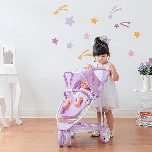 Olivia's Little World - Play Baby Doll Bassinet Stroller for Toddler, Baby Doll Pram Stroller Buggy for 3+ Year Old Girls, Twinkle Stars Princess 2-in-1 Baby Doll Stroller for Kids - Purple thumbnail 2
