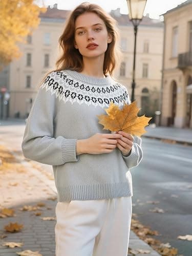 Womens Vintage Fair Isle Knit Sweater 2025 Fall Long Sleeve Crewneck Lightweight Pullover Top Sweaters thumbnail 2