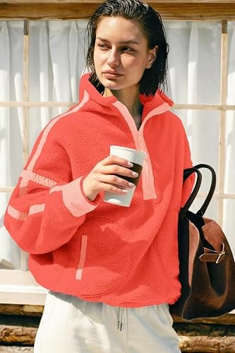 Panadila Womens Half Zip Sherpa Fleece Pullover Soft Oversized Sweatshirt with Pockets Warm Fuzzy Sweater thumbnail 4