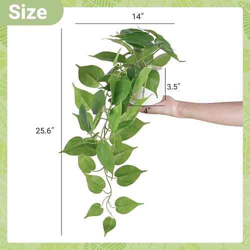 Mkono Fake Hanging Plants with Ceramic Pot, 25" Artificial Plants for Home Decor Indoor Faux Green Leaf Plant with Modern White Planter for Desk Shelf Bathroom Decoration (Pothos) (Green) thumbnail 3