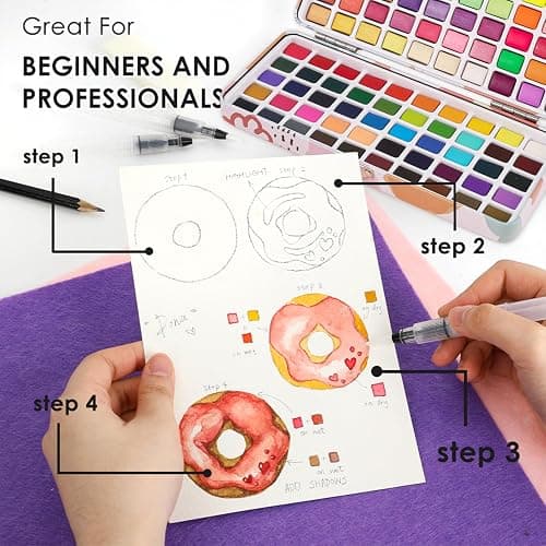 Grabie 100 Colors Watercolor Paint Set - 50 Regular, 35 Metallic, 10 Macaron and 5 Fluorescent Colors - Portable with Carrying Case, Water Brush Pens, and Accessories - For Beginners and Professionals thumbnail 6