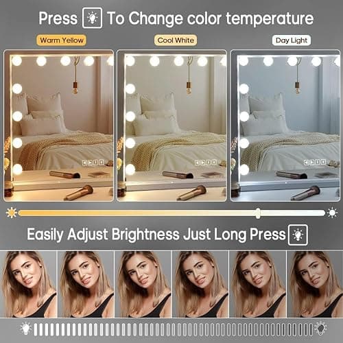 Fenair Makeup Mirror with Lights and Bluetooth Speaker Support Answer Call Hollywood Vanity Mirror, Touch Screen, 3 Color Modes Frameless Tabletop Mirror with 15 Dimmable Bulbs (White) - B-white-bluetooth thumbnail 4