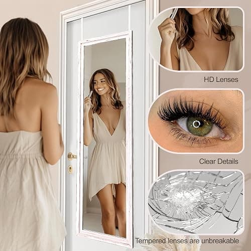 LXWZHK 48"x14" Door Mirror, Rustic Full Length Mirror, Over The Door Hanging Mirrors Full Length, Wooden Hanging Mirrors for Bedroom, Bathroom, White thumbnail 4