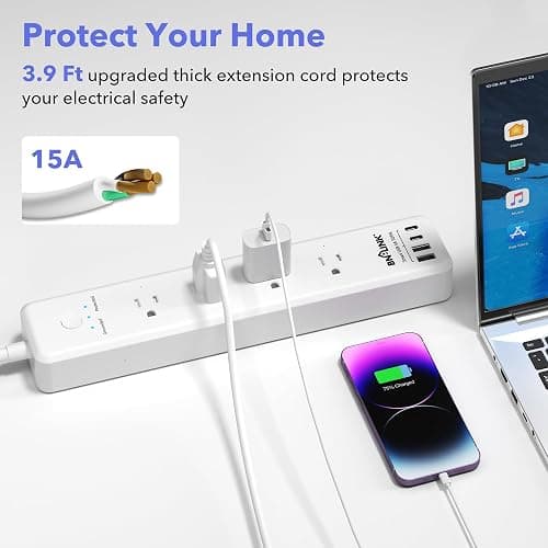 BN-LINK Remote Control Power Strip with 4 Independent Outlets, 4 USBs | 20W USB-C, 3.9Ft Extension Cord, 15A/1875W Overload, Protection for Home Office thumbnail 8