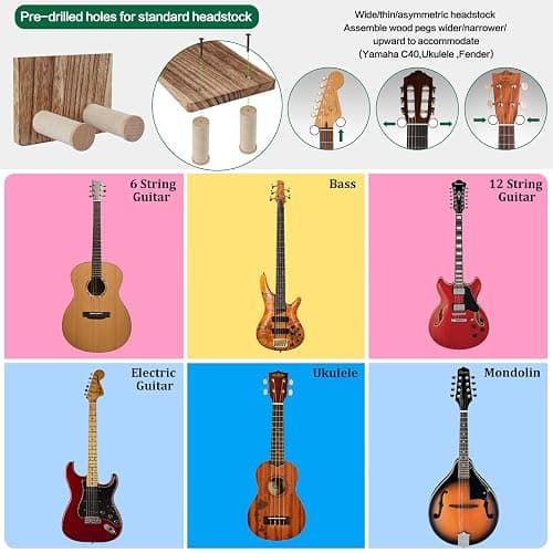 Keebofly 2-Pack Guitar Wall Mount Hanger with Shelf & Pick Holder - Wood Wall Hook for Acoustic, Electric, Bass Guitars, Ukulele (Screw-Mounted, Brown) [Patented] thumbnail 5