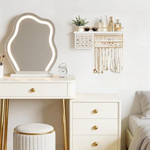 Mkono Hanging Jewelry Organizer Wall Mounted Jewelry Organizer Necklace Holder with Rustic Wood Shelf, Ring Display Box, Ear Studs Earring Holder Bracelet Organizer (Gold) thumbnail 2