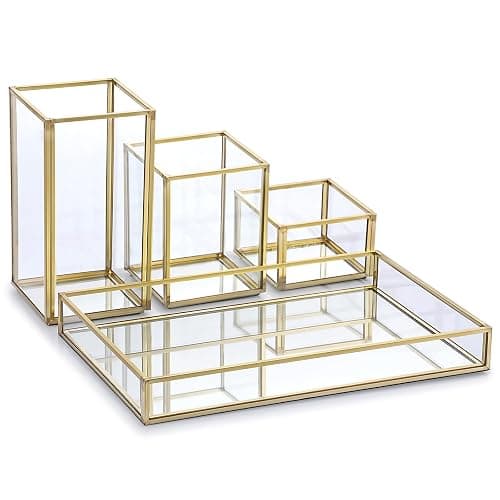 Hipiwe Set of 4 Gold Glass Makeup Brush Holder Organizer with Vanity Tray | Stackable Perfume & Cosmetic Brush Organizer, Mirrored Jewelry Trinket Tray, Pen & Pencil Holder for Dresser Bathroom - Image 1