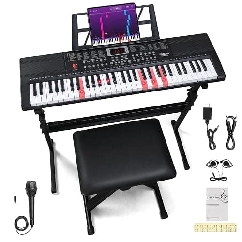 Ktaxon 61 Key Keyboard Piano Electric Keyboard with Lighted Keys | Electric Piano Set with Headphones, Microphone, Music Rest, Power Adapter, Stand, Piano Bench, Stickers & Manual(Full-Black) - Image 1